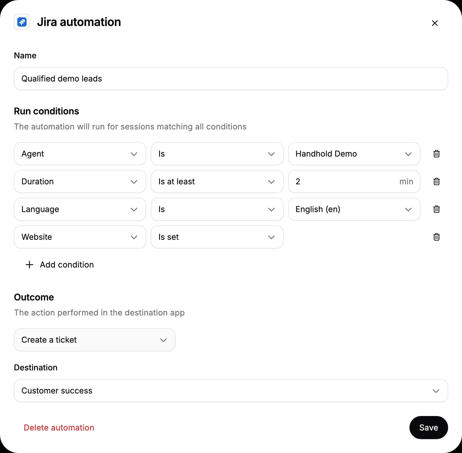 An automation that runs for sessions with a chosen agent that last at least two minutes, collect a website, and are in English