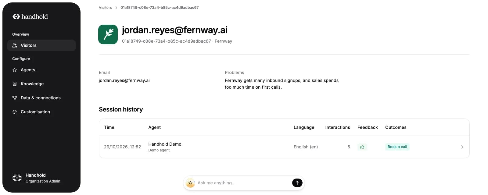 A visitor's page with their company's logo next to their email and its name after their visitor ID, and the organization's logo at the bottom of the sidebar