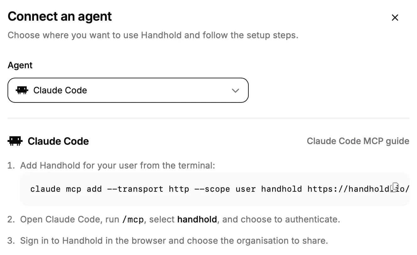 Handhold's Connect an agent dialog showing setup instructions for Claude Code