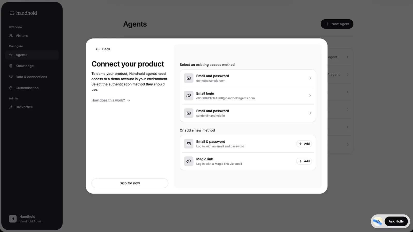 The Connect your product step in the New agent wizard, listing existing access methods and options to add Email & password or Magic link