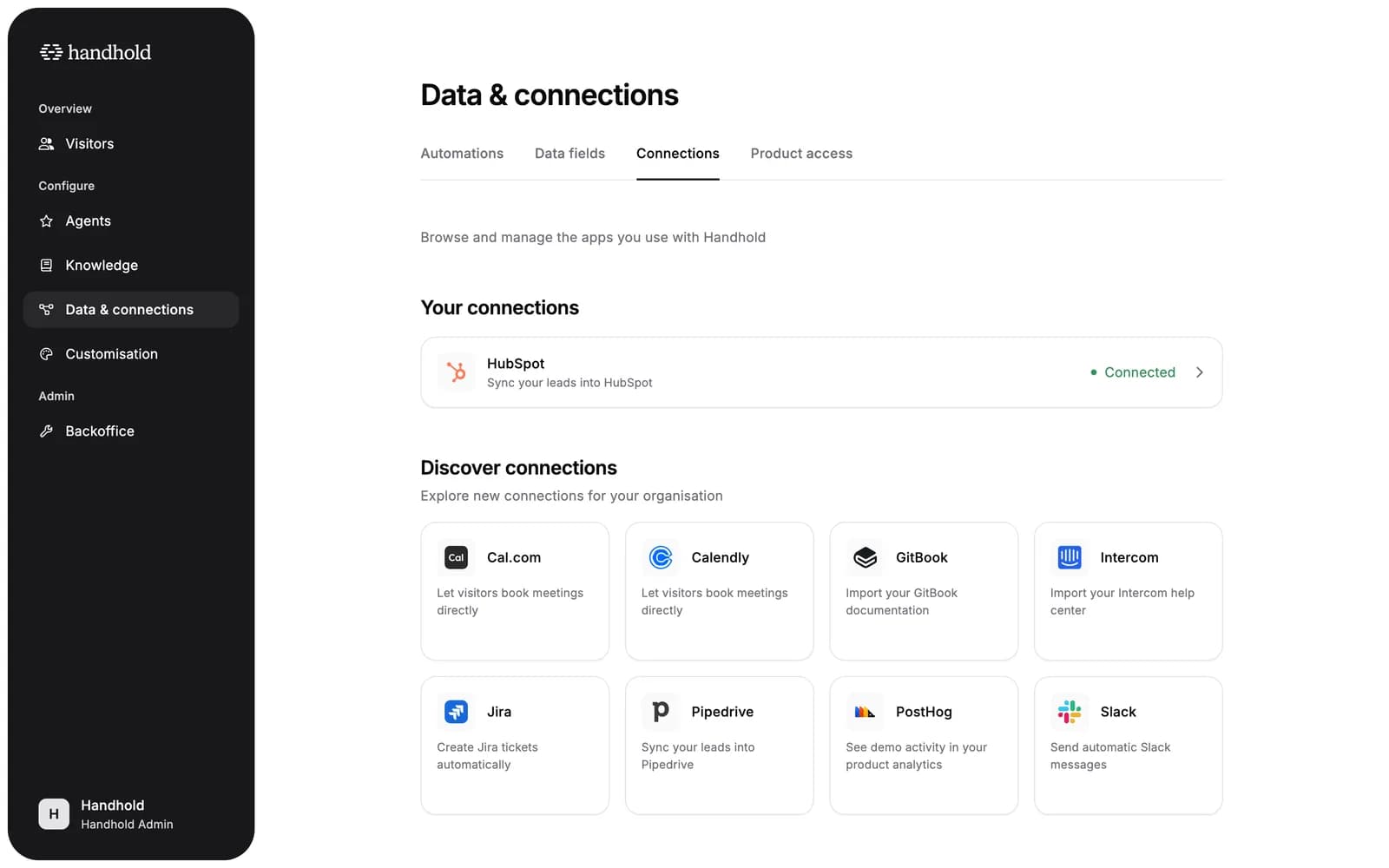 The Connections tab with a connected HubSpot row above a grid of apps to discover