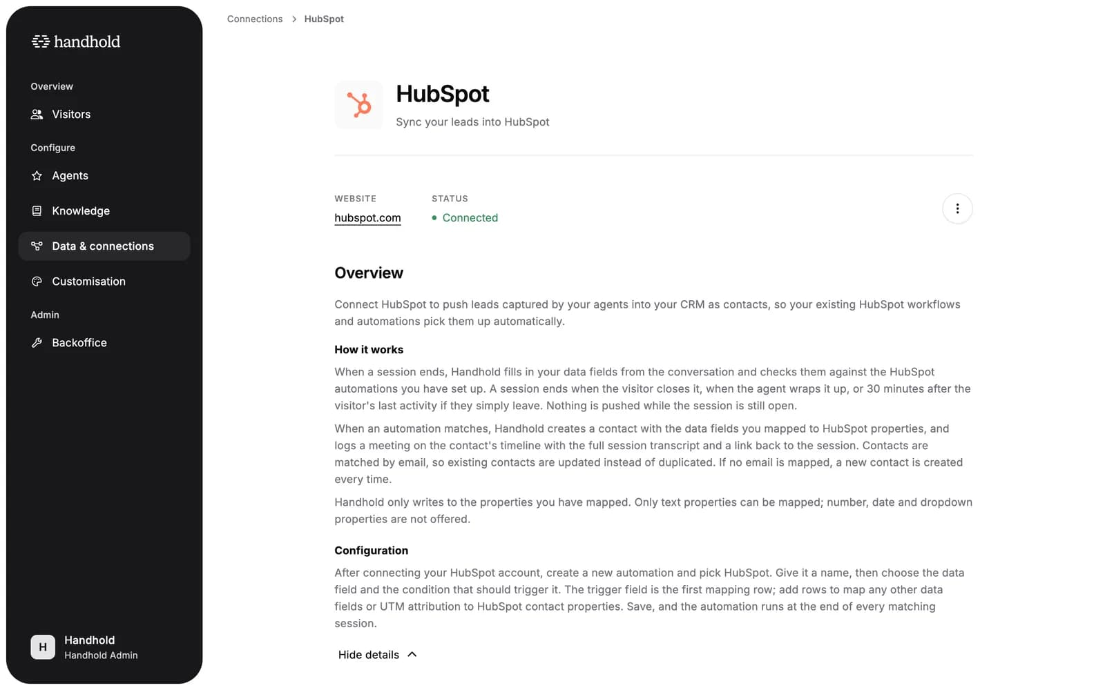The HubSpot connection page with the How it works and Configuration guidance expanded