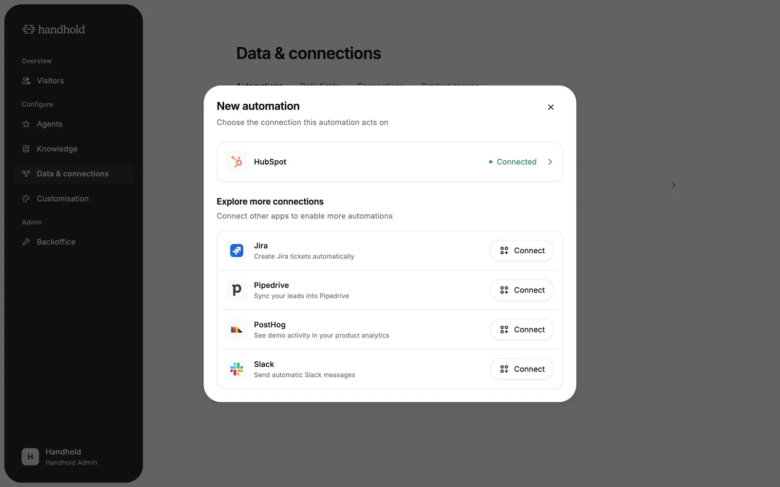 The new automation dialog listing connected apps and more connections to explore