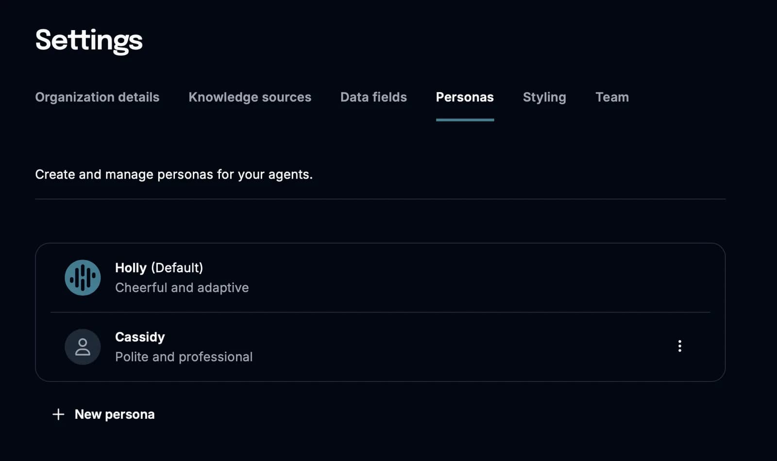 The new personas settings tab