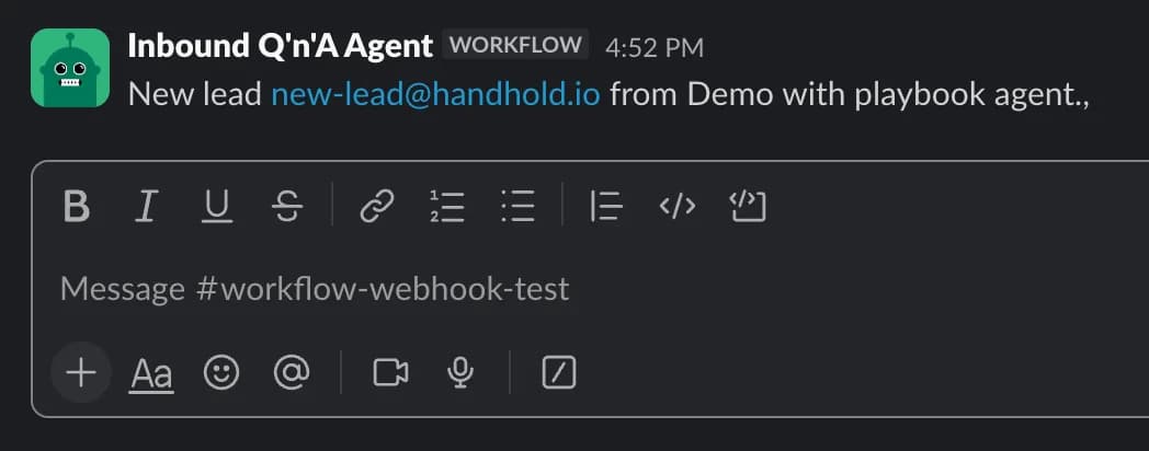 A lead notification posted to Slack