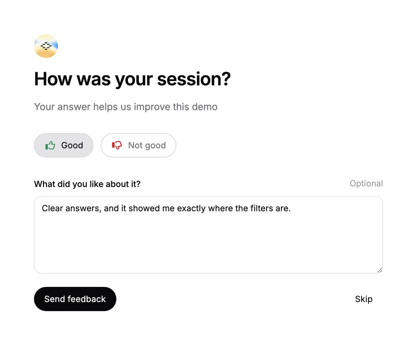 The question "How was your session?" with Good selected and the visitor's comment about what they liked