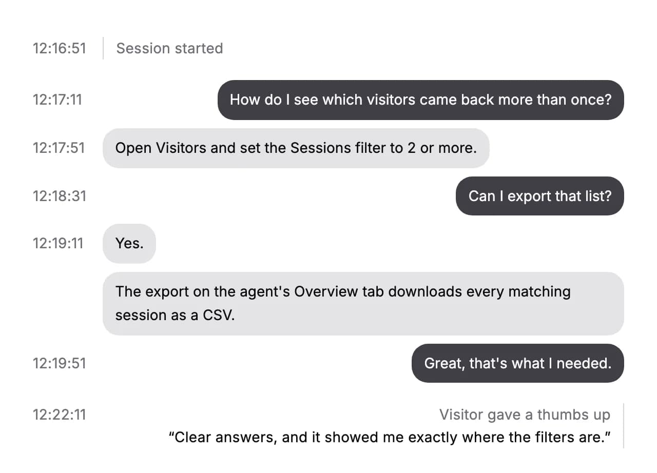 A demo transcript ending with "Visitor gave a thumbs up" and the visitor's comment quoted below it