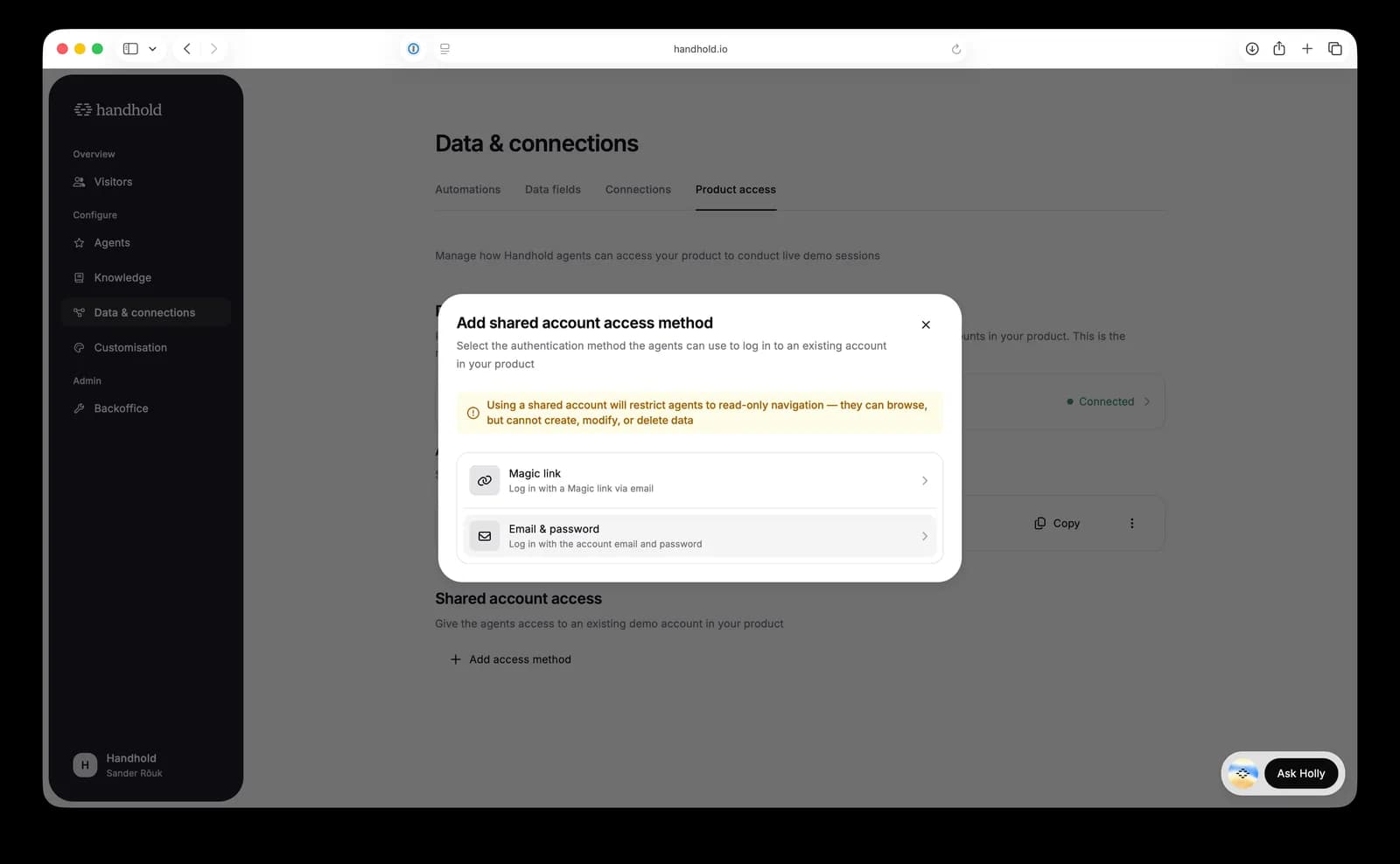 The Product access page with the email and password shared-account option