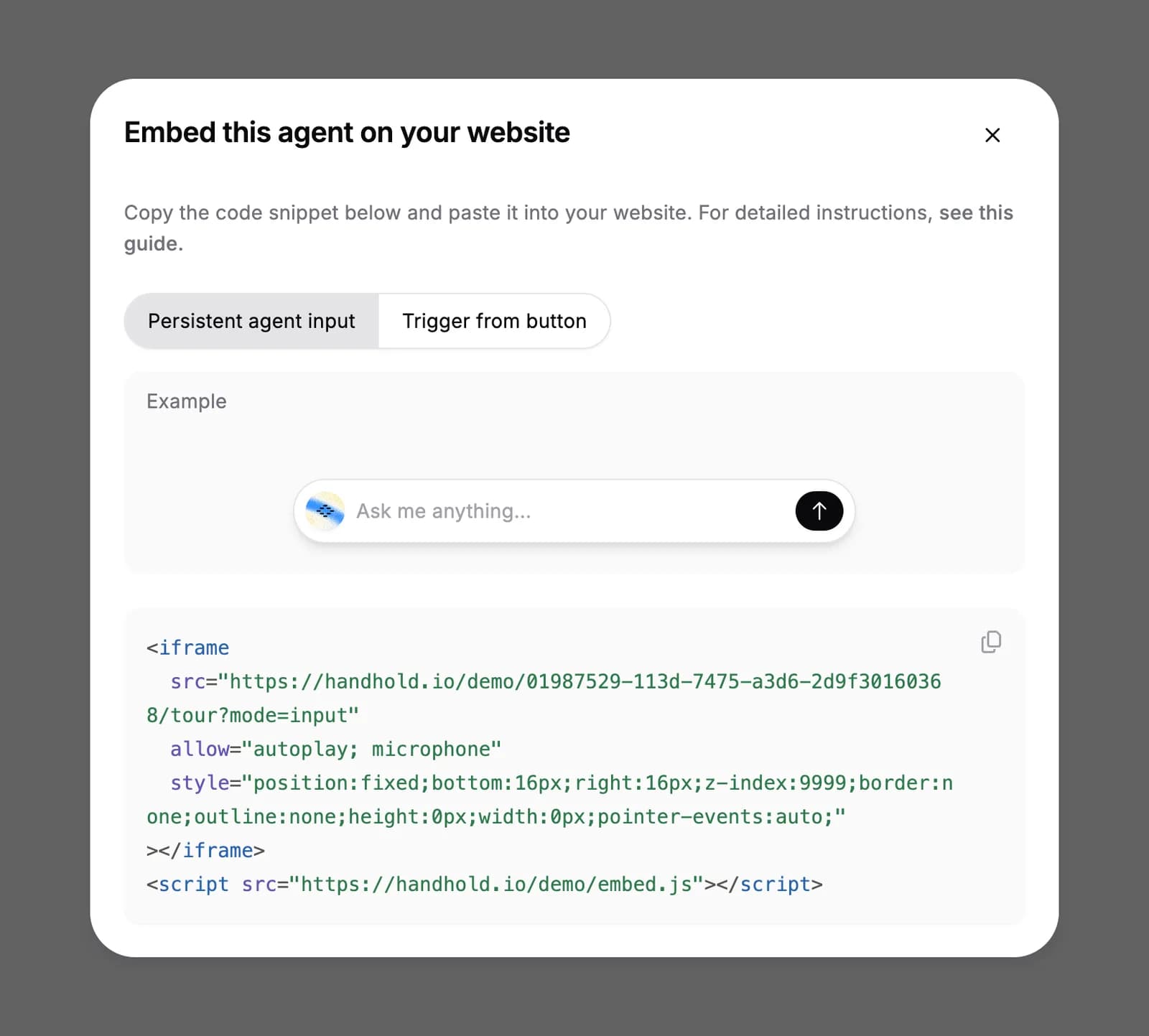 The Embed dialog with Persistent agent input selected, showing an example chat bar above the code snippet