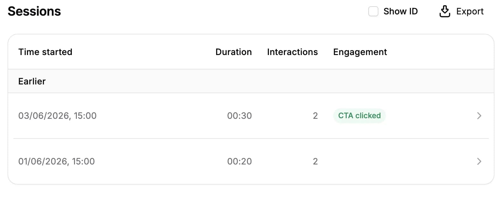 The two matching sessions in the filtered session list, with the Export action above the table