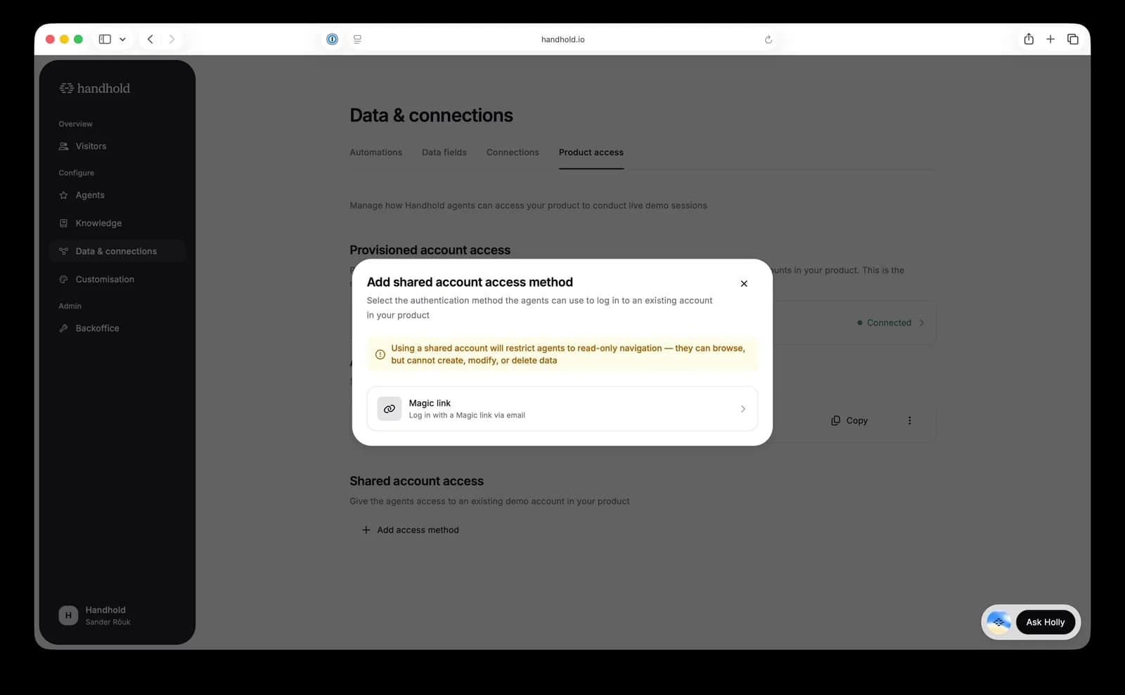 The Product access page with the available access options