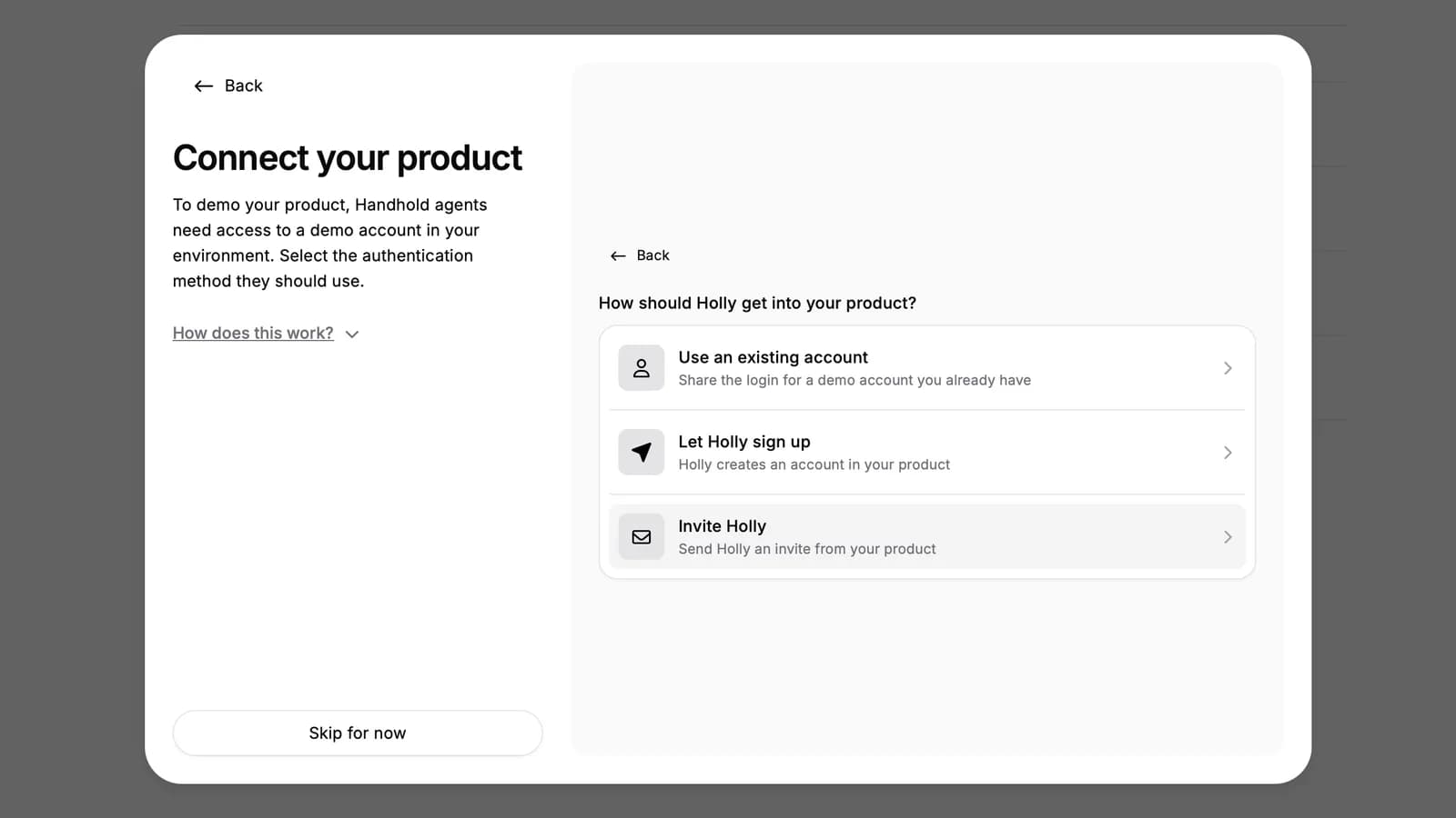 Choosing to invite Holly when connecting your product