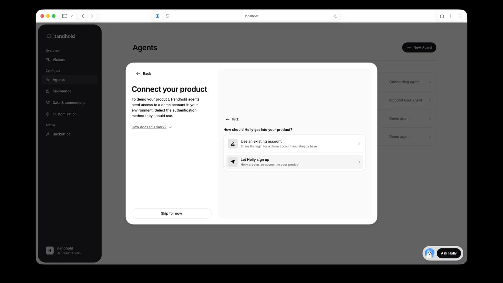 Choosing between an existing account and letting Holly sign up