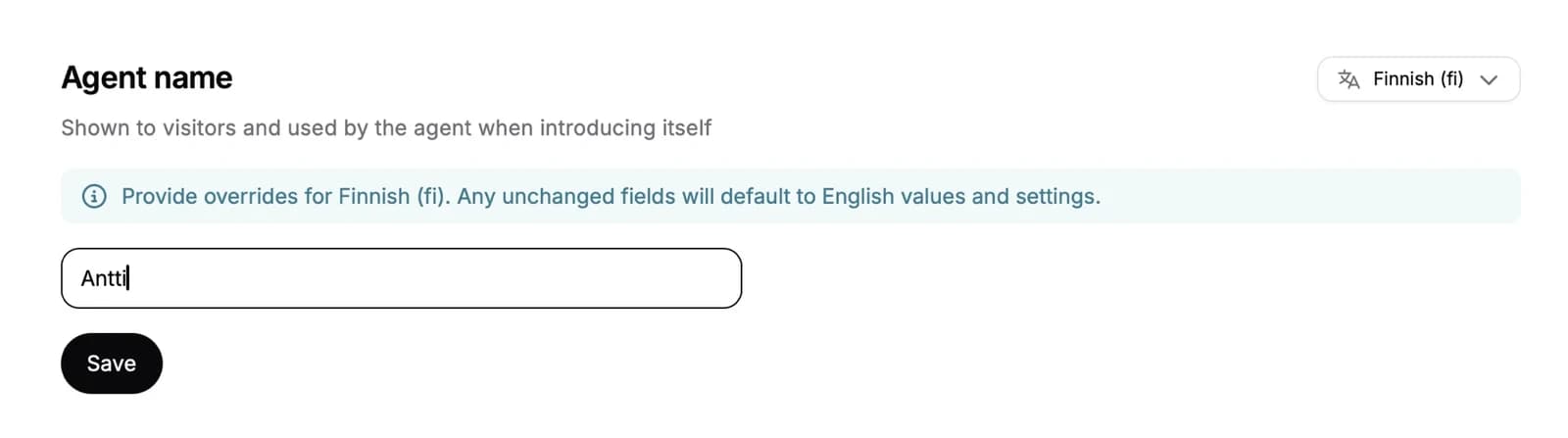 Setting the agent name for Finnish, with a note that untranslated fields fall back to English