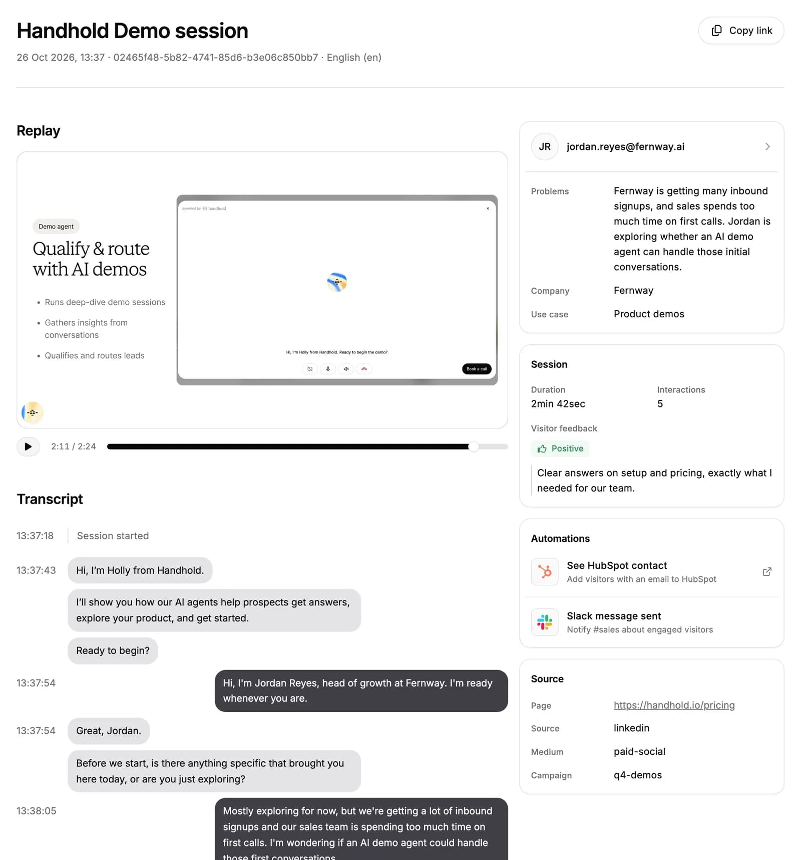 A session page with the replay and the transcript on the left, and the Visitor, Session, Automations and Source cards on the right