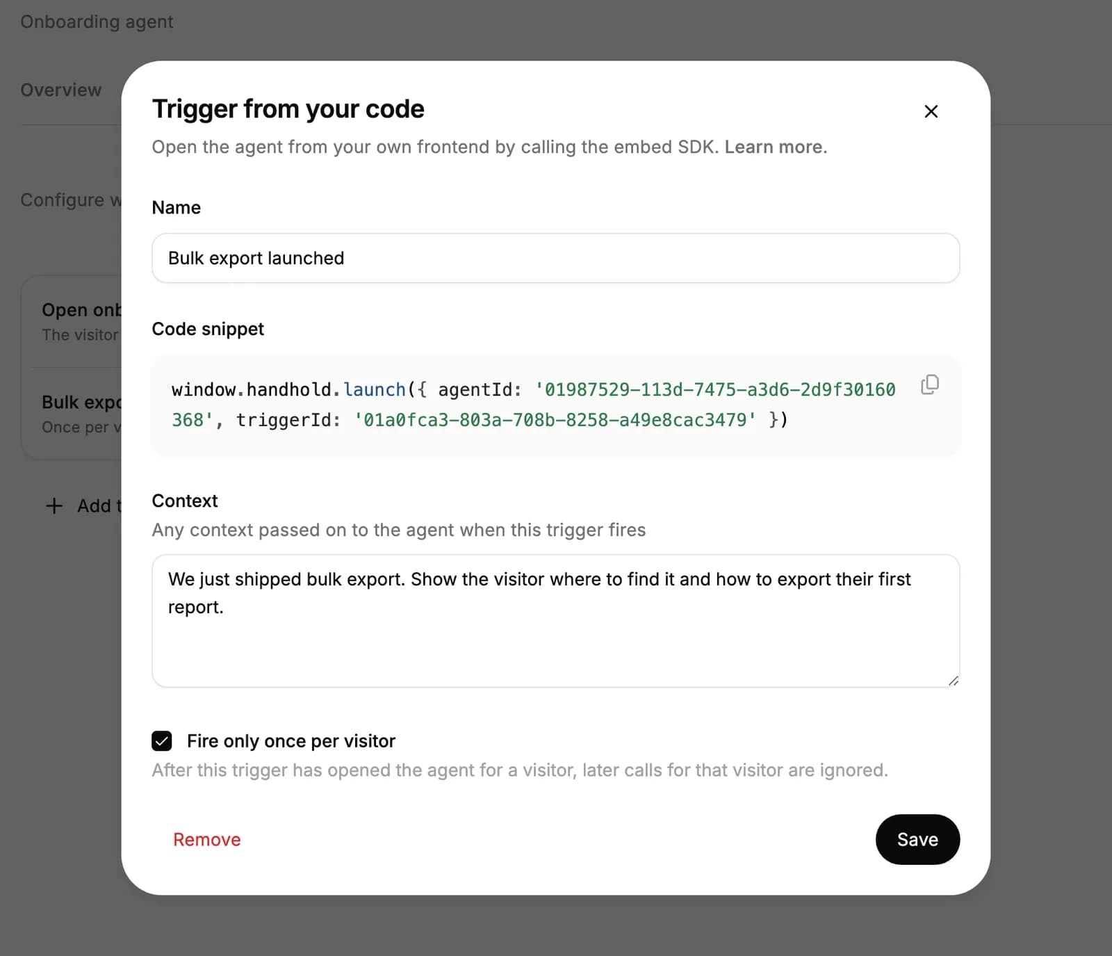 Editing a trigger from your code with Fire only once per visitor checked