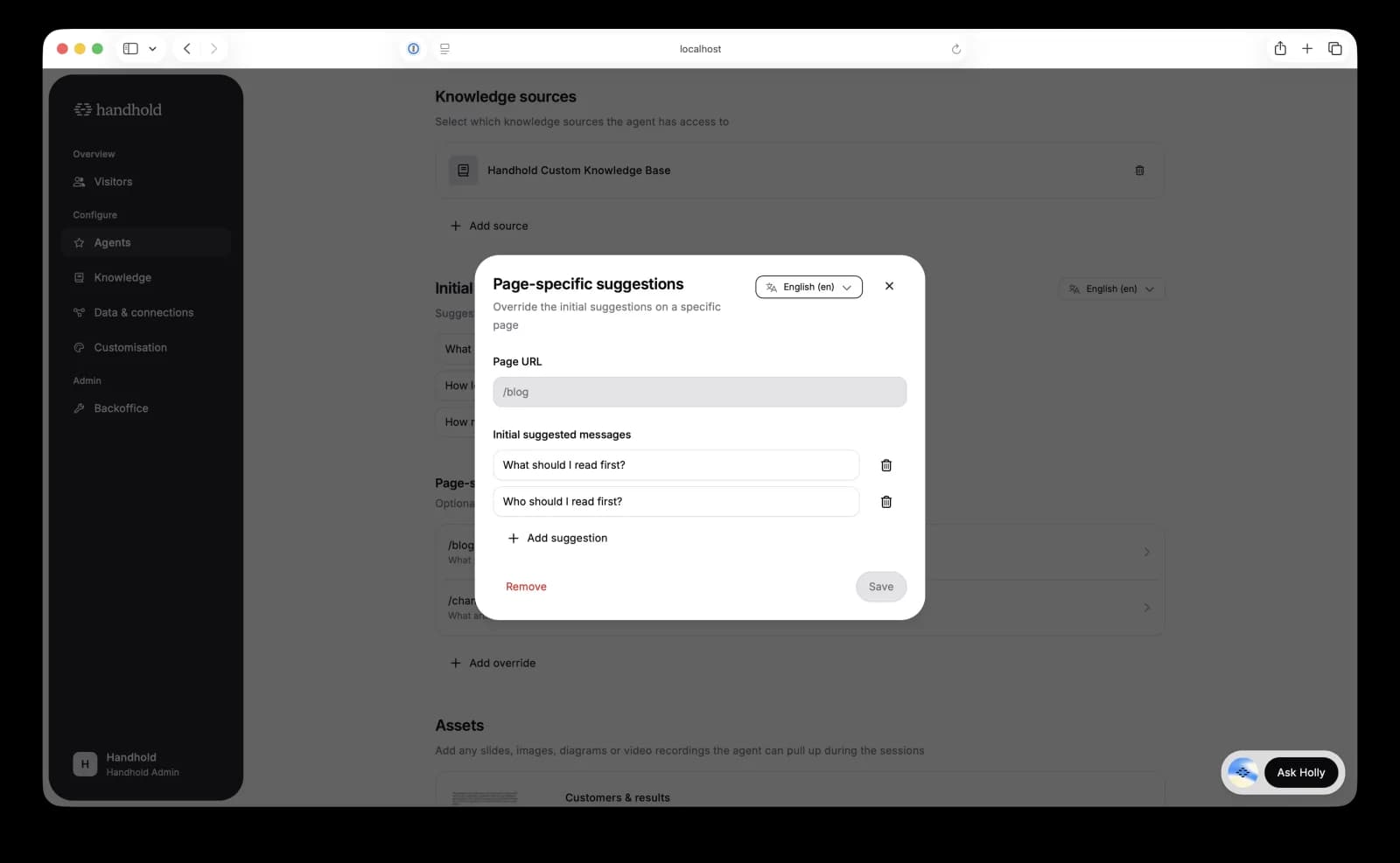 Configuring page-specific suggestions for the blog in the agent settings