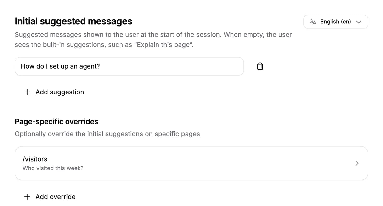 An Onboarding agent's suggested messages, with a page-specific override for the visitors page