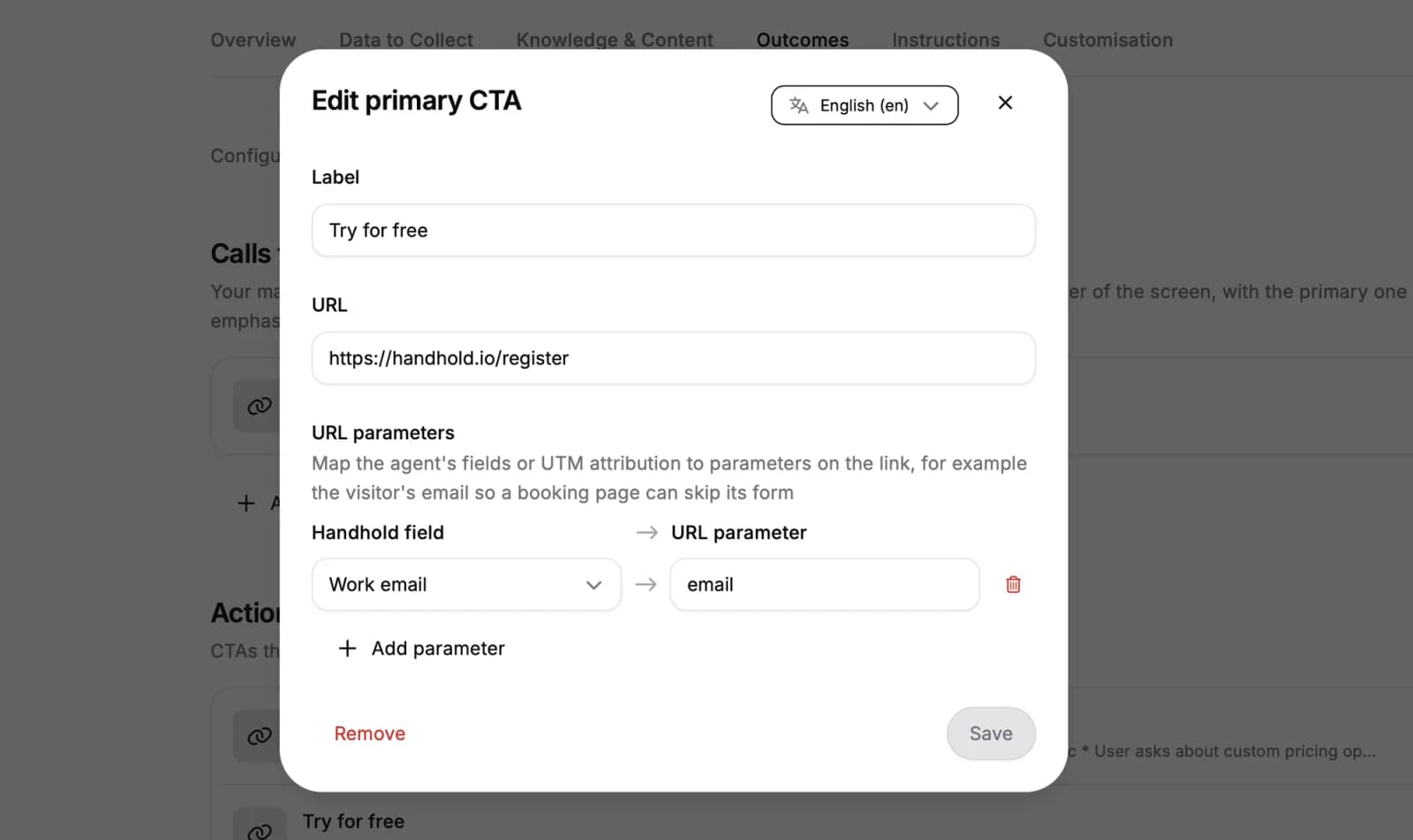 Editing a primary CTA, with a URL parameters section that maps the Work email field to an email parameter