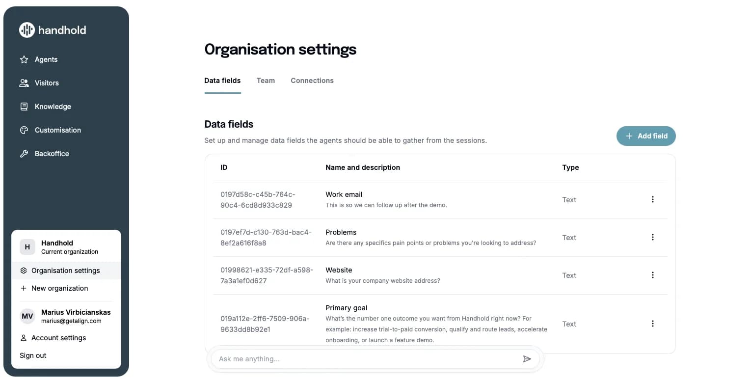 The Organisation settings section
