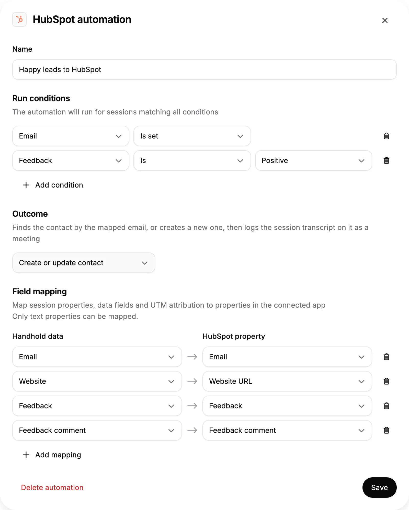 A HubSpot automation that runs for sessions with an email and positive feedback, and maps the feedback and its comment to HubSpot properties