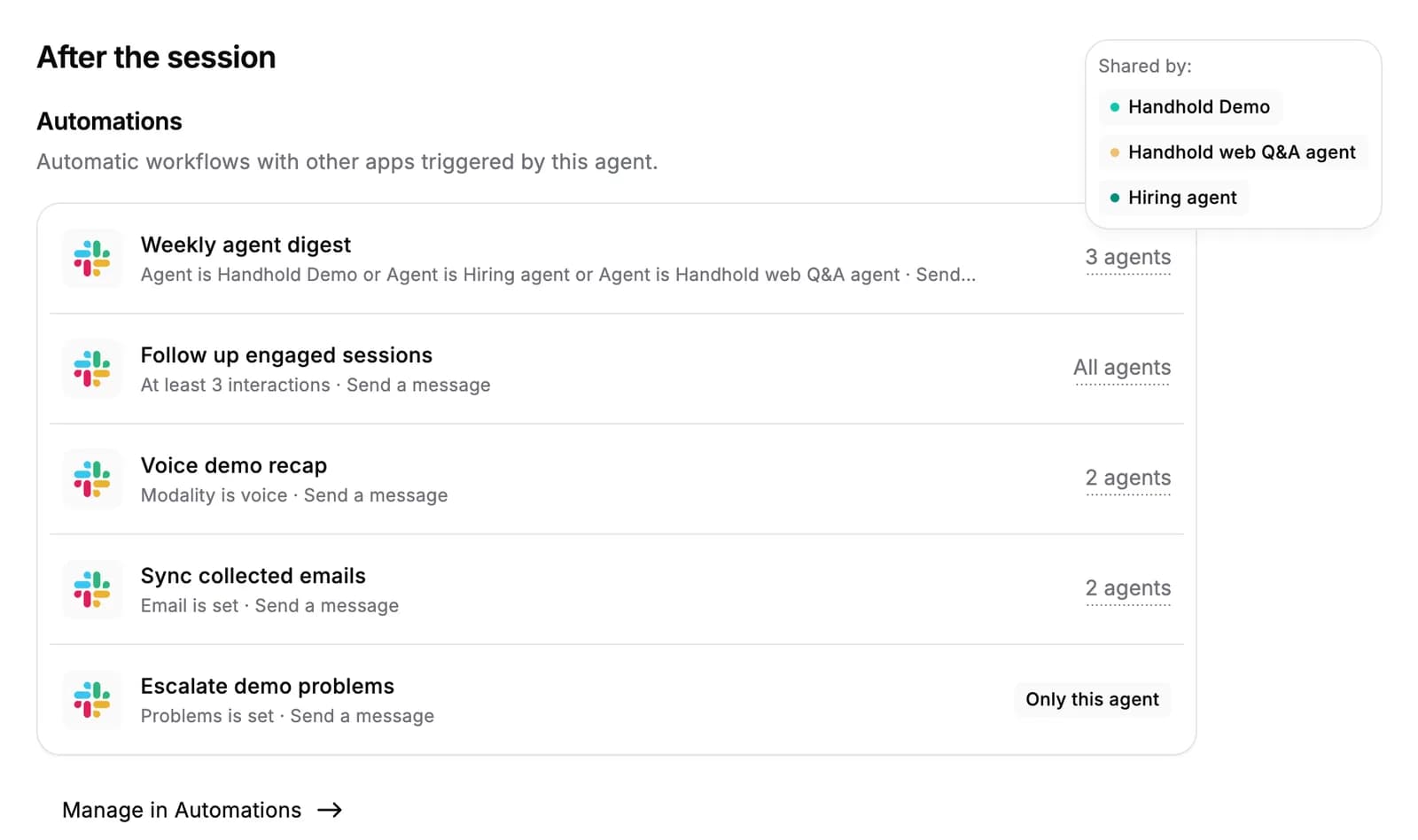 An agent's Outcomes tab listing the automations that can run for it, labelled 3 agents, All agents, 2 agents and Only this agent, with the Shared by list of one automation open