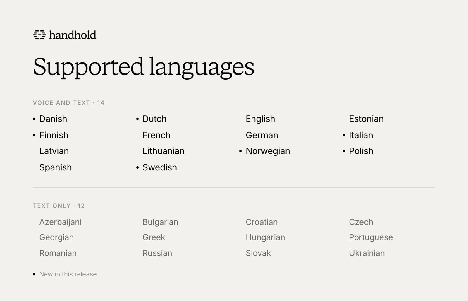 The fourteen languages Handhold agents can speak, and the twelve more they can write in