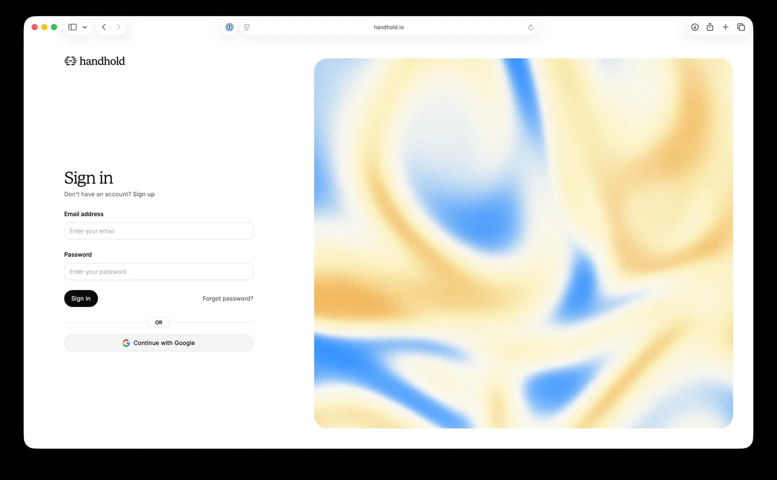 The Handhold sign-up screen with a Sign in with Google option
