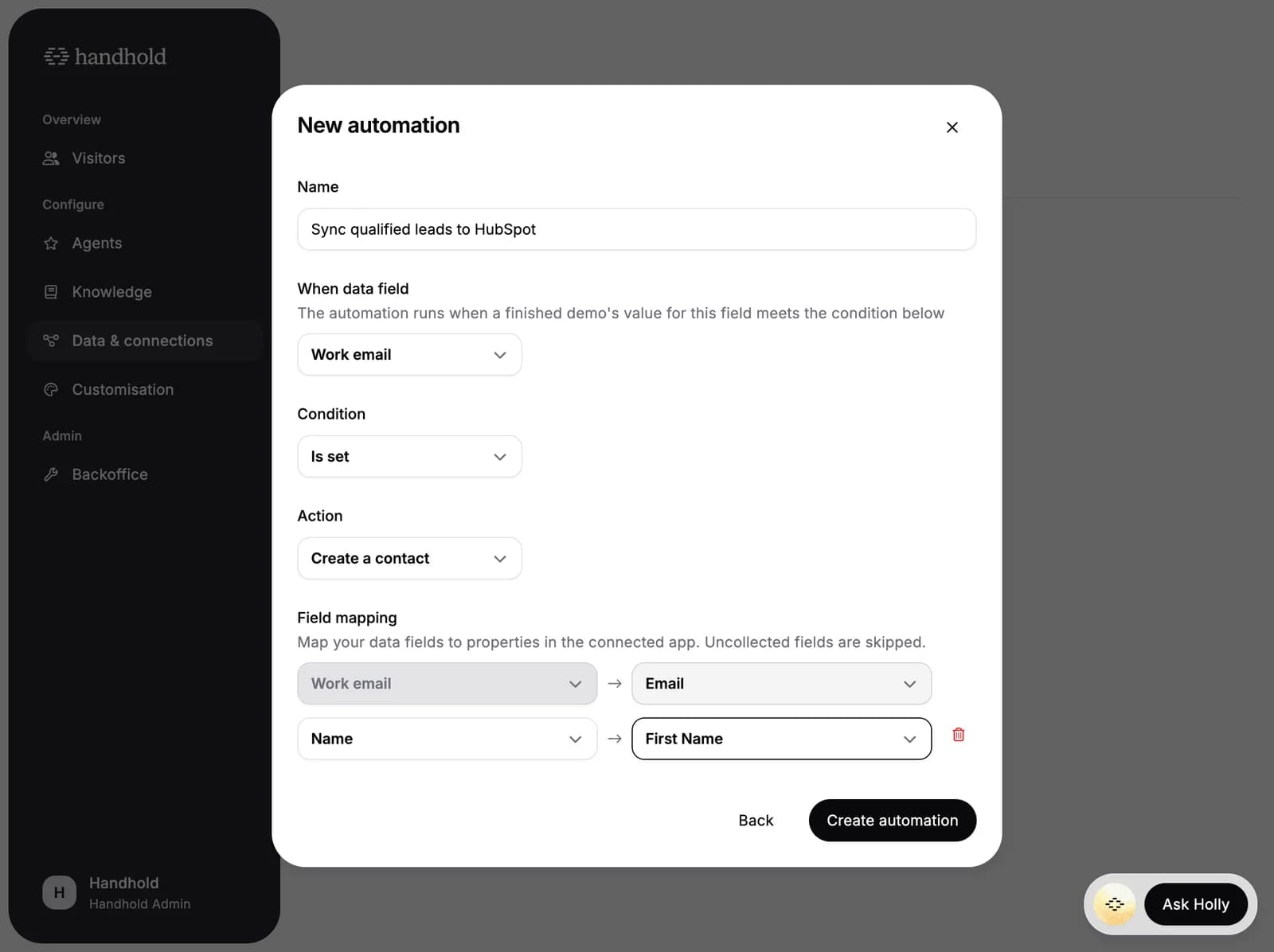 The automation dialog mapping collected fields to HubSpot properties