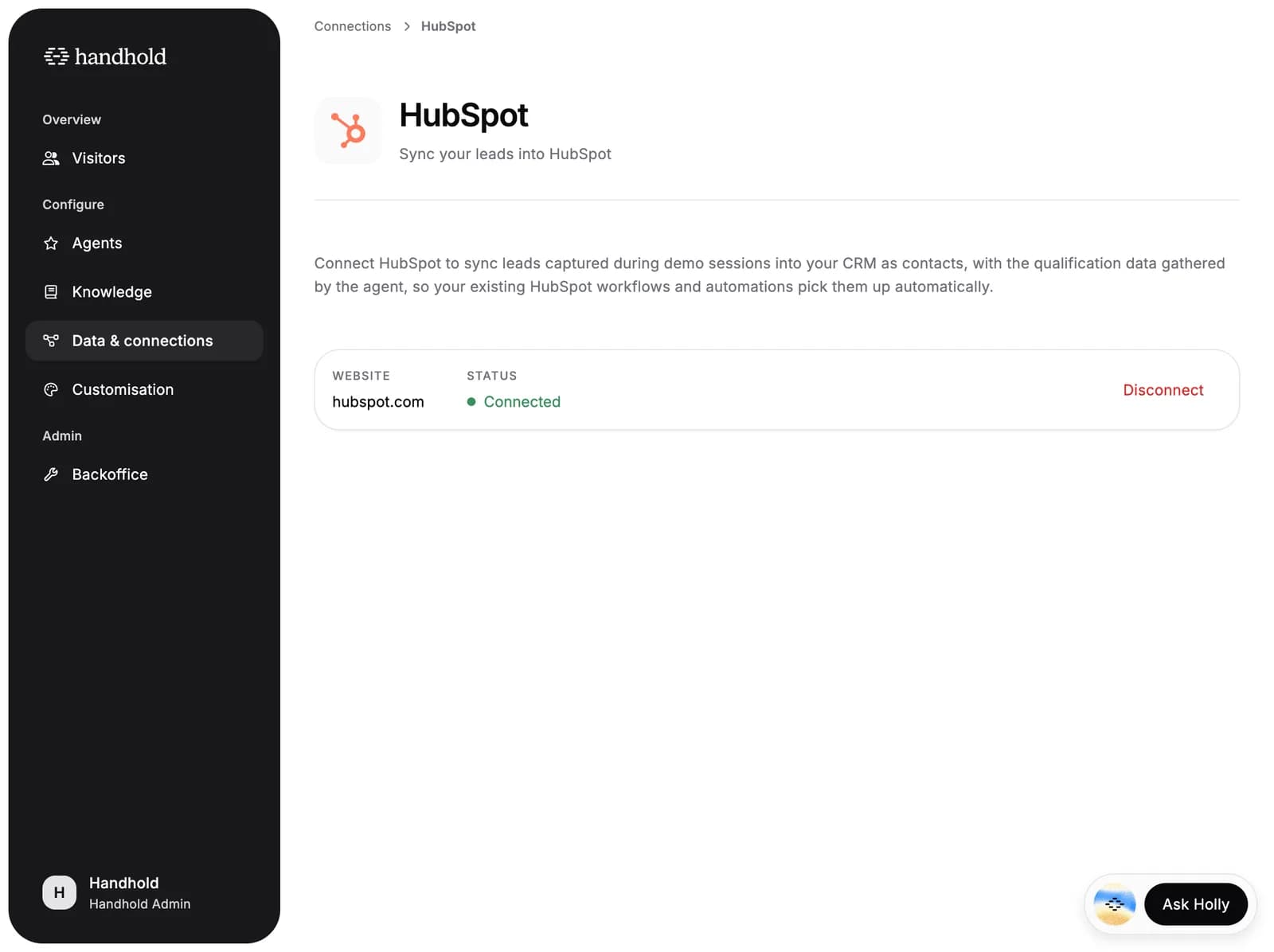 The HubSpot integration setup screen