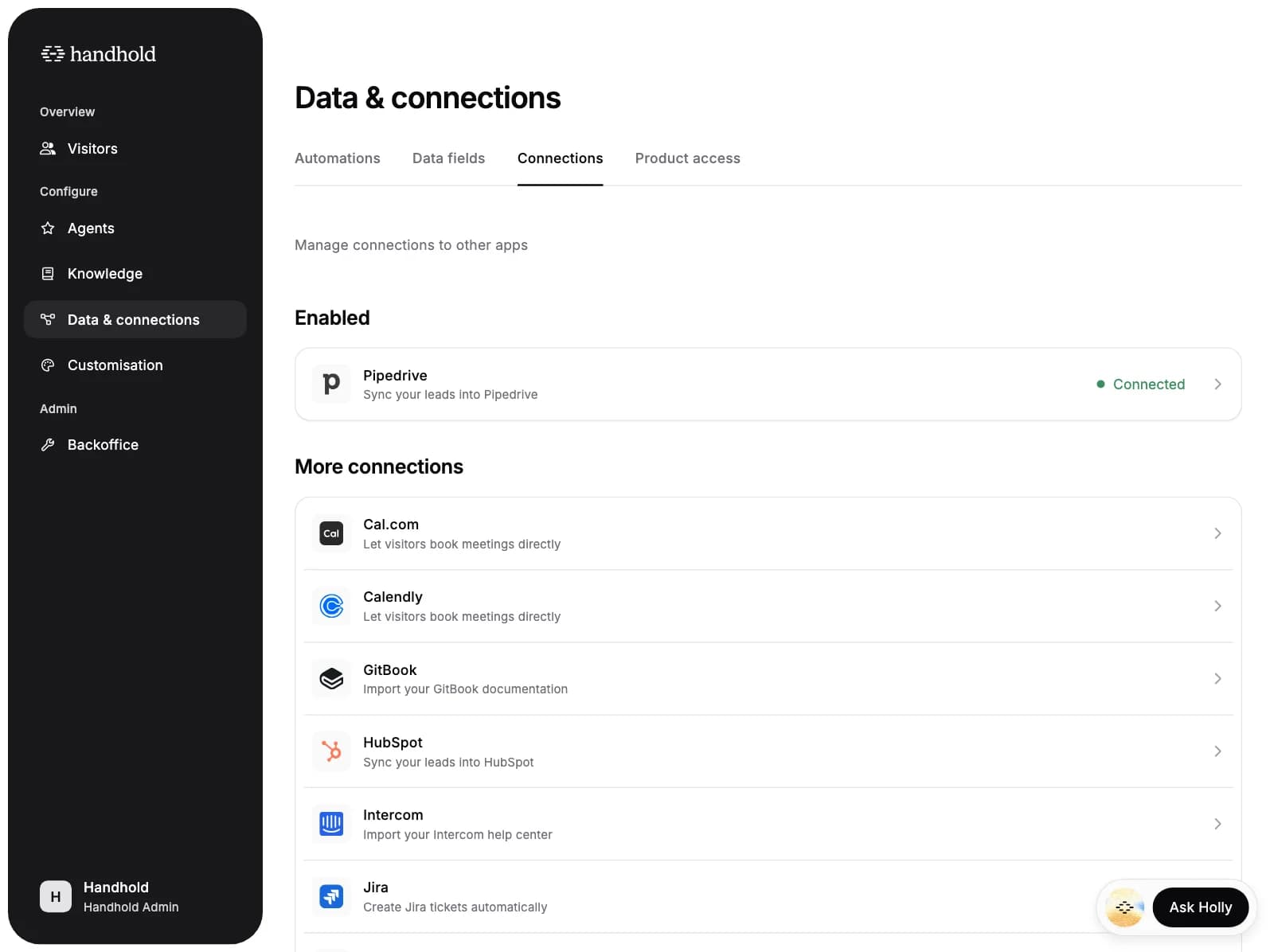 The Connections page with Pipedrive connected