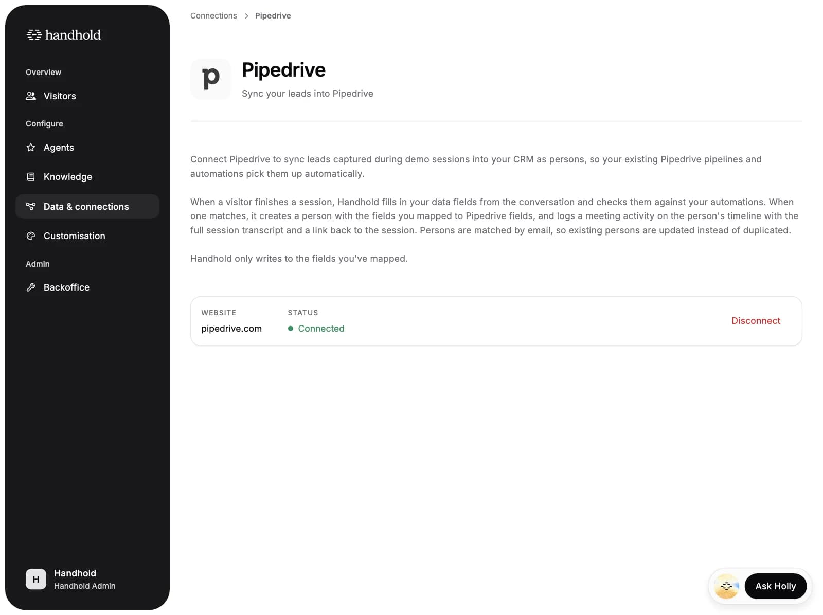 The Pipedrive integration page in Handhold, showing the connection as connected