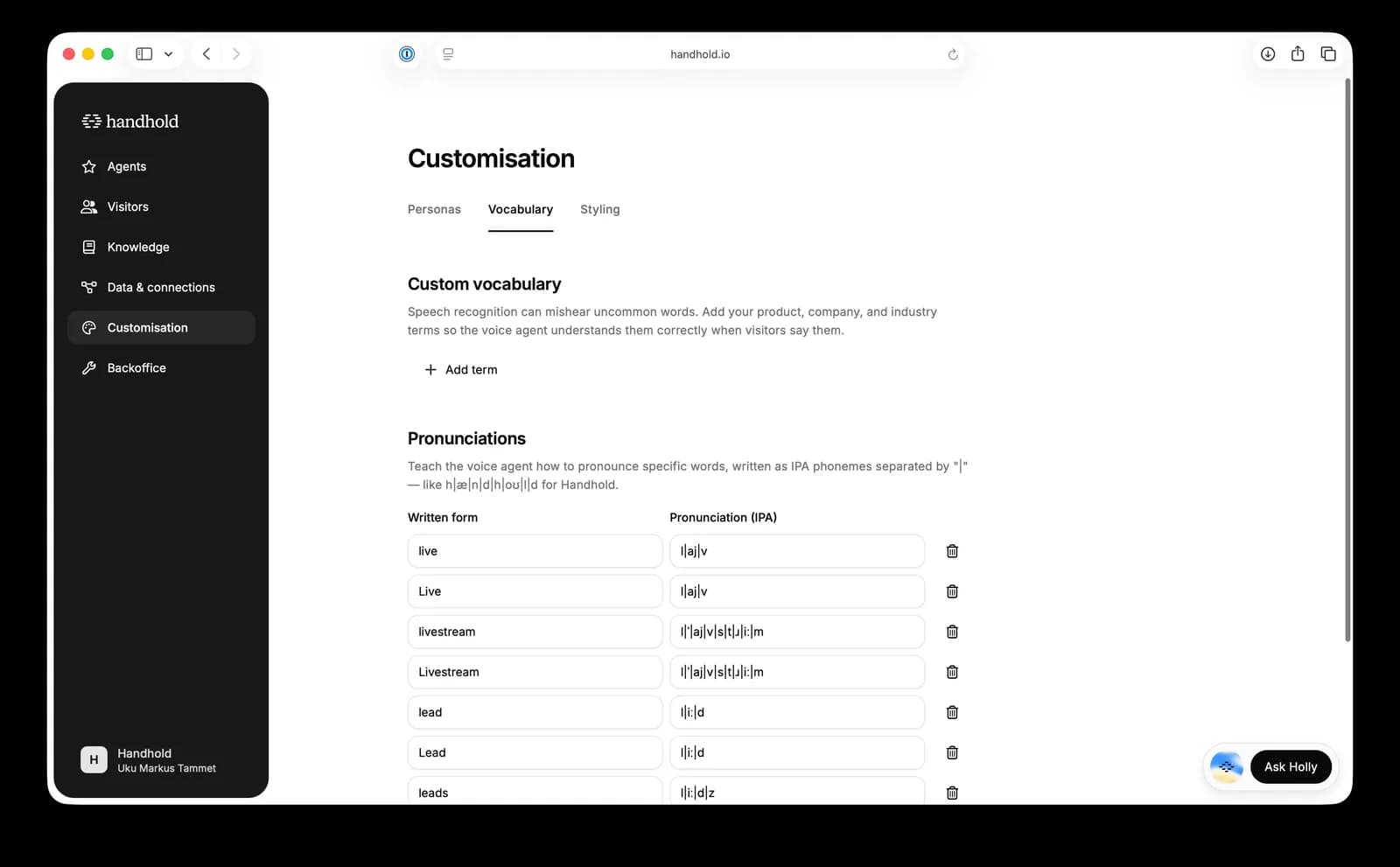The Vocabulary settings with custom terms and pronunciations