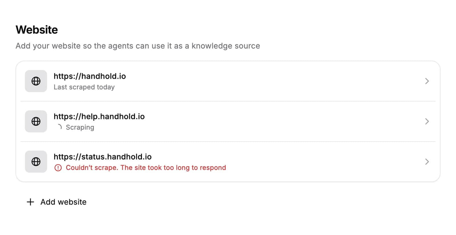 The website list in Knowledge sources, with a website scraped today, one being scraped and one that couldn’t be scraped
