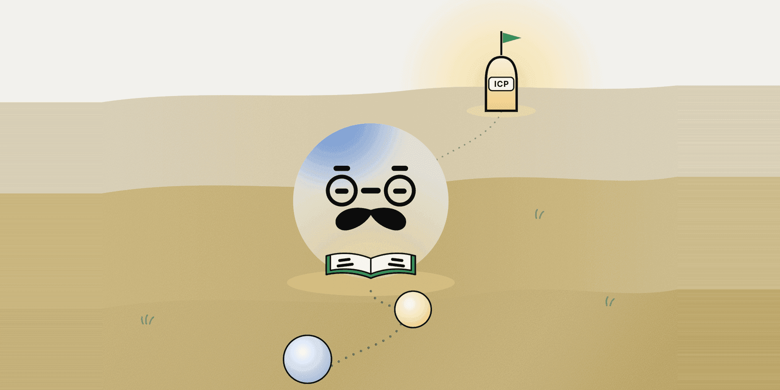 An illustrated figure reading a book in a desert, following a dotted trail of leads towards a flag marked ICP