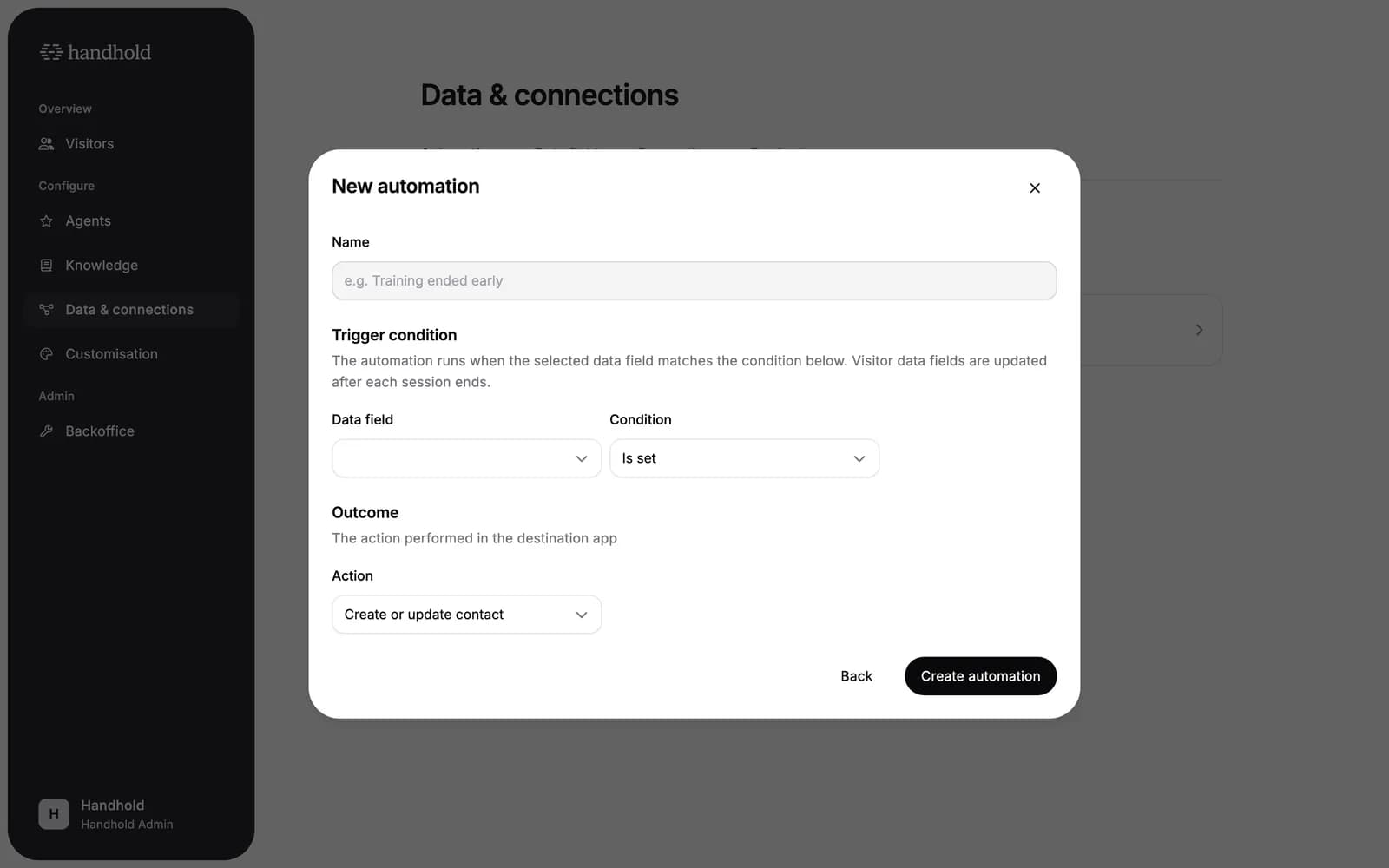 The automation setup dialog with trigger condition, outcome and field mapping sections